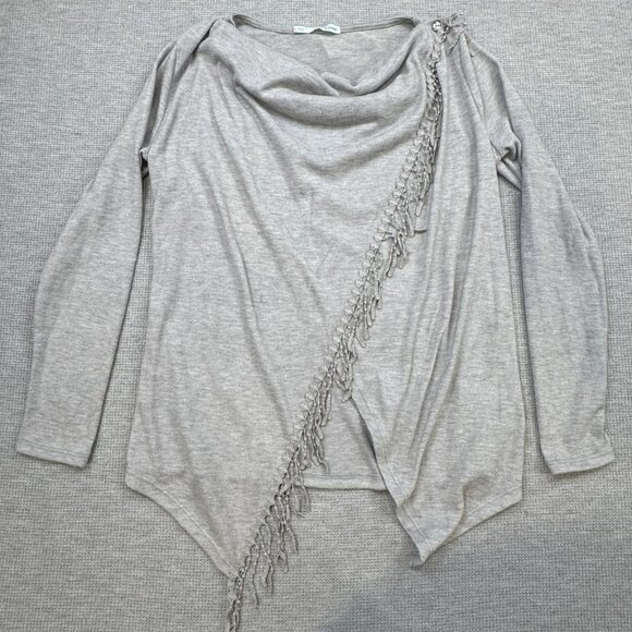 Maurices Womens Sz S Gray Wrap Top Cowl Neck Asymmetrical Fringe Long Sleeve NWT - Picture 3 of 14